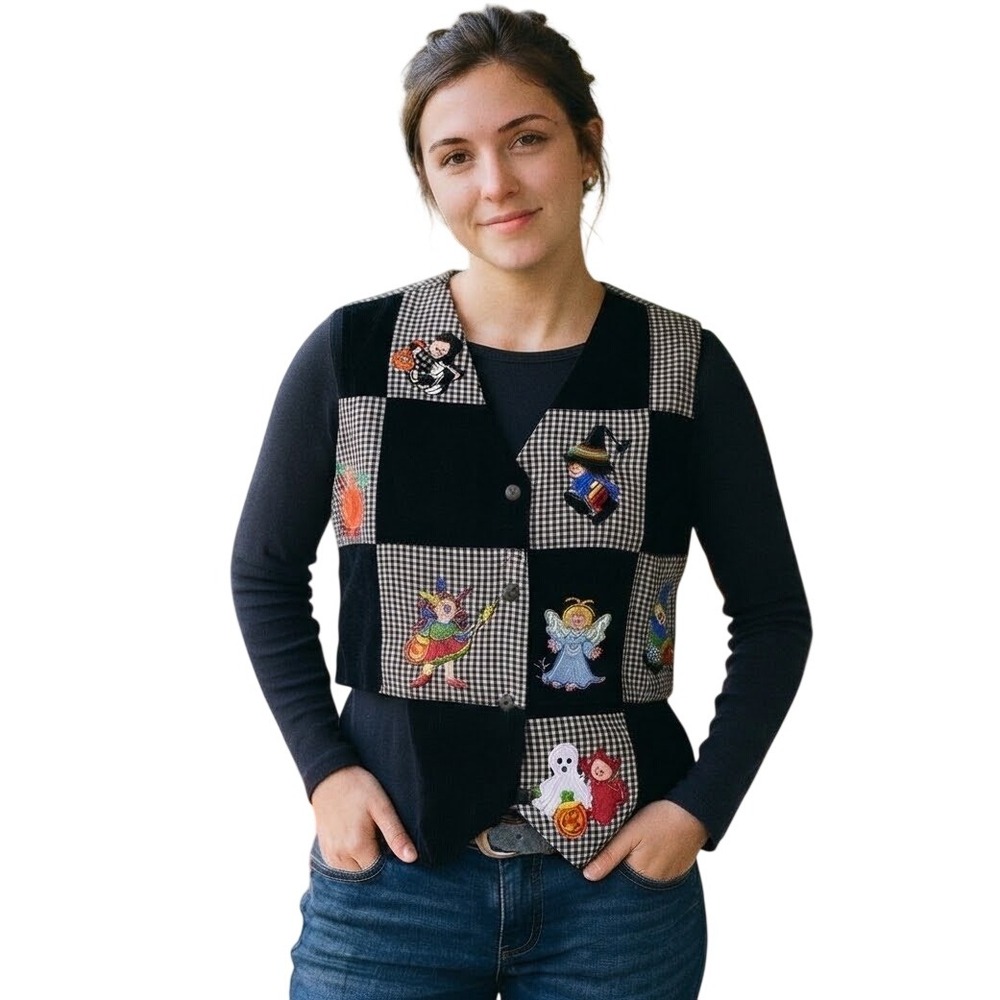Halloween Vest Black White Embroidered Spooky Fall Ghost Witch 90s Vintage Small